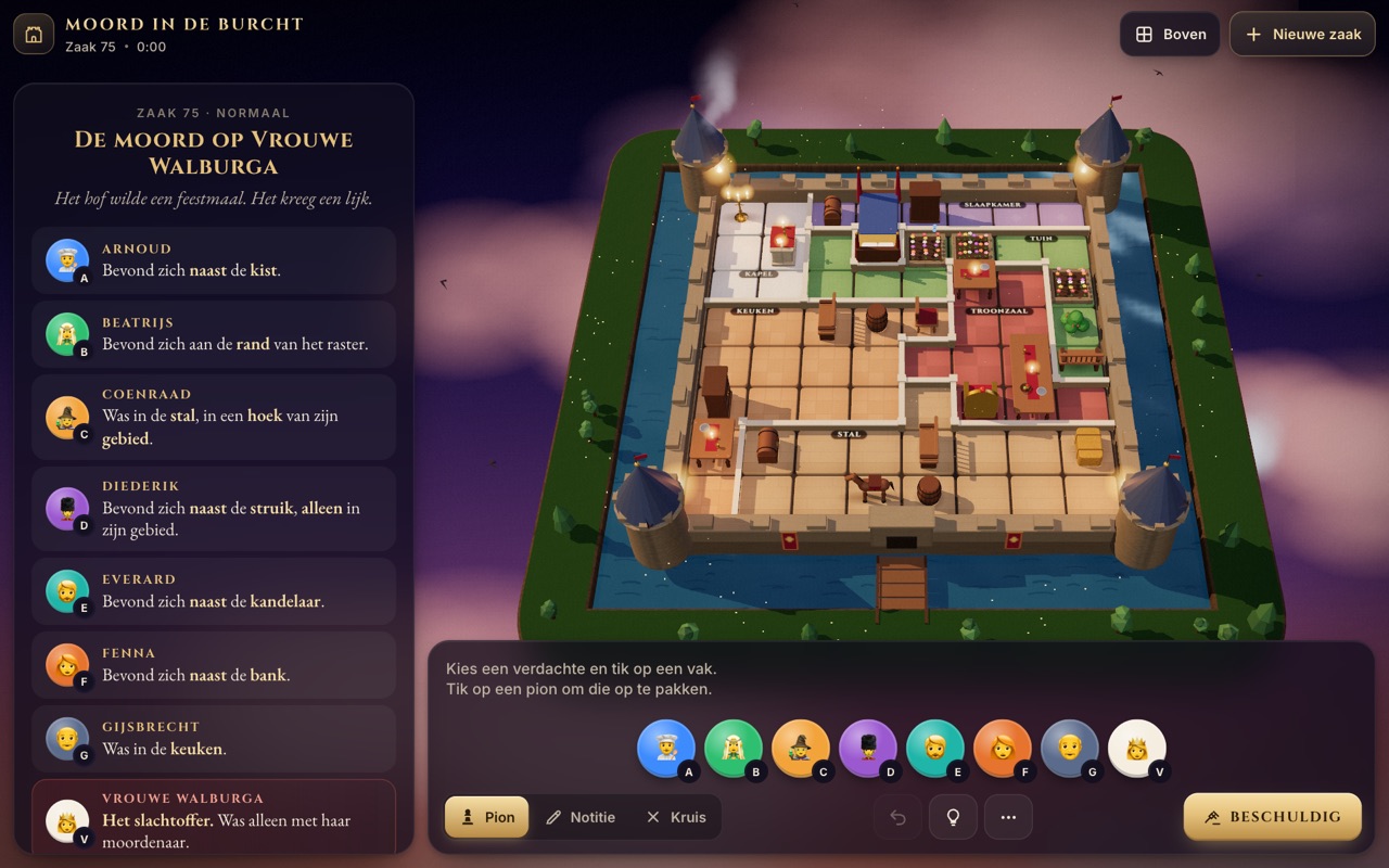 Murder Sudoku 3D: een burcht met kamers, meubels, verdachten en hun aanwijzingen