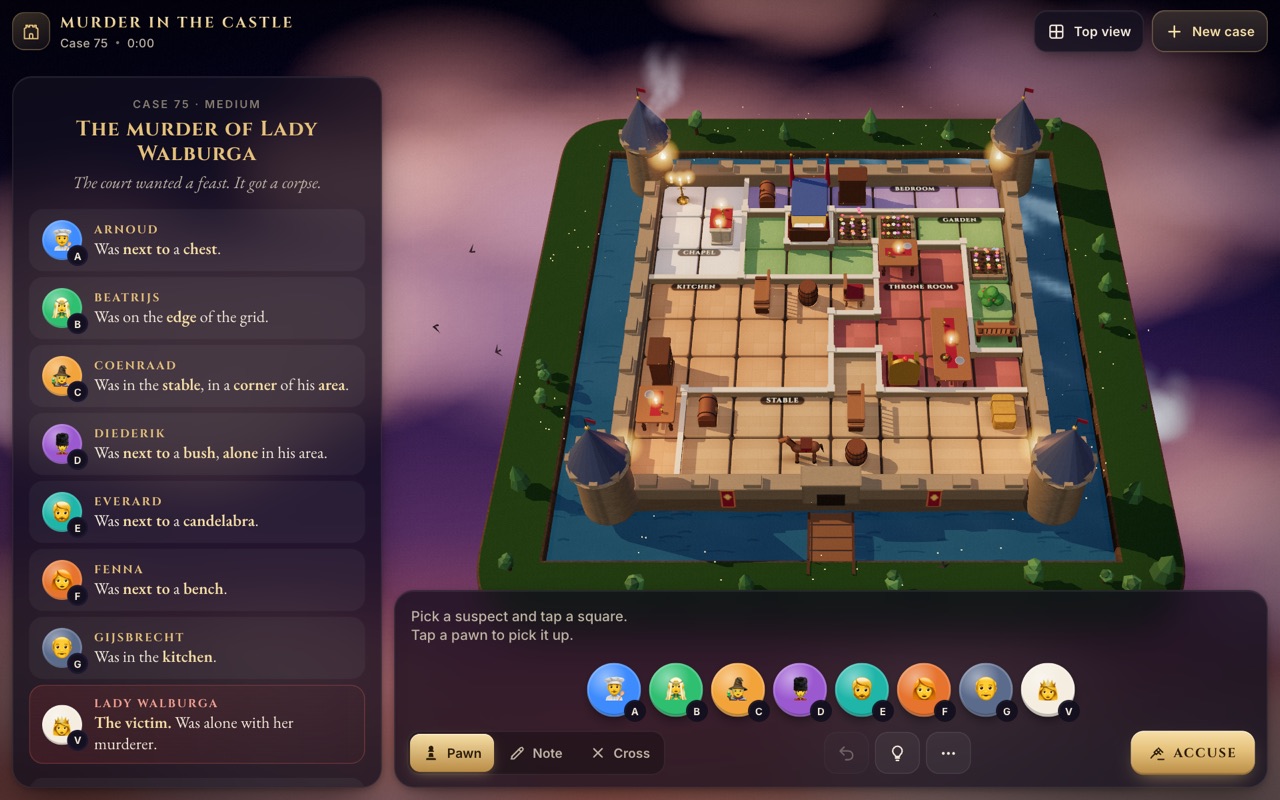 Murder Sudoku 3D: a castle with rooms, furniture, suspects, and their clues