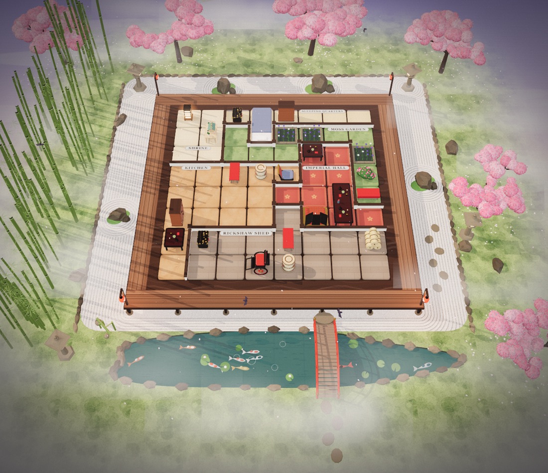 Murder Sudoku 3D teahouse setting: a Japanese teahouse with cherry blossoms and a koi pond