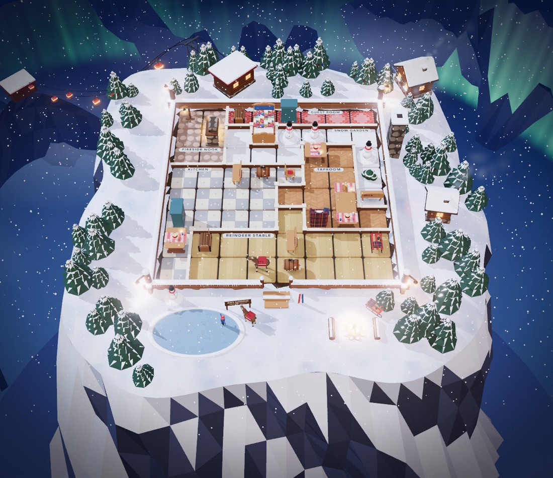 Murder Sudoku 3D ski lodge setting: a mountain lodge in the snow